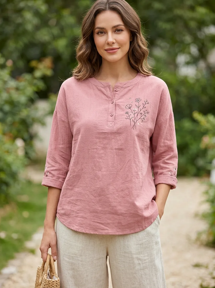 Women's Floral Lover Pink Wildflower Embroidered Henley Cotton And Linen Top