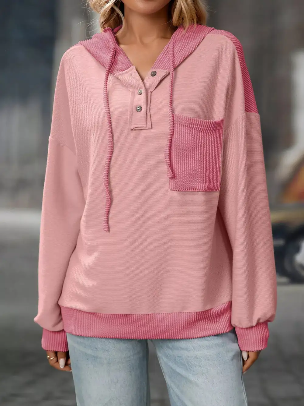 Refined Drawstring Buttoned Pocketed Colorblock Hoodie