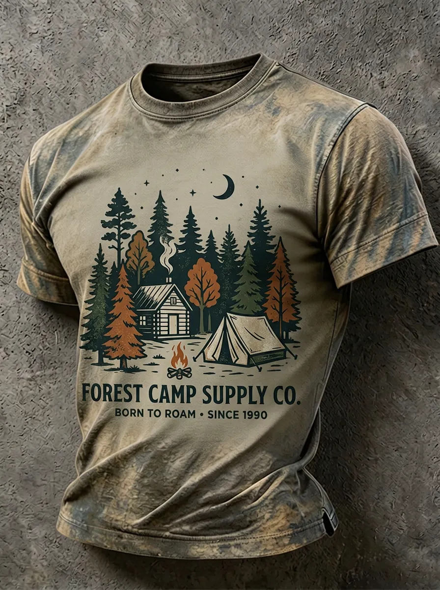 Men's Camping Lover Forest Cabin Tent Printed T-shirt