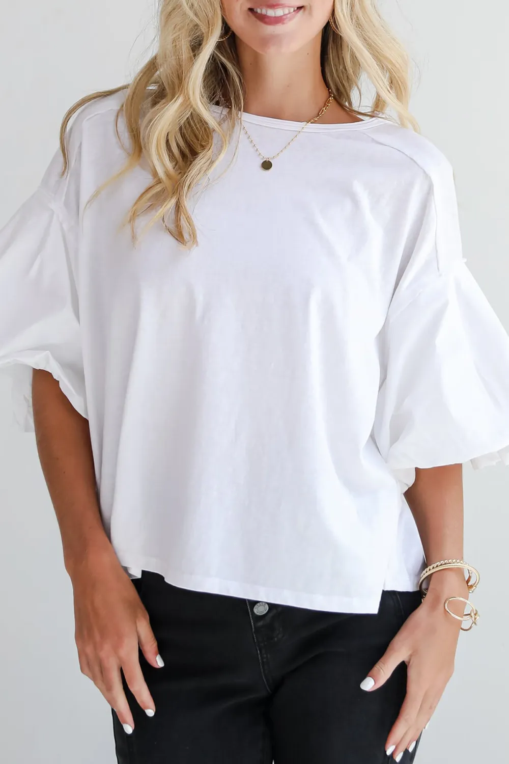 White Contrast Puff Sleeve Top