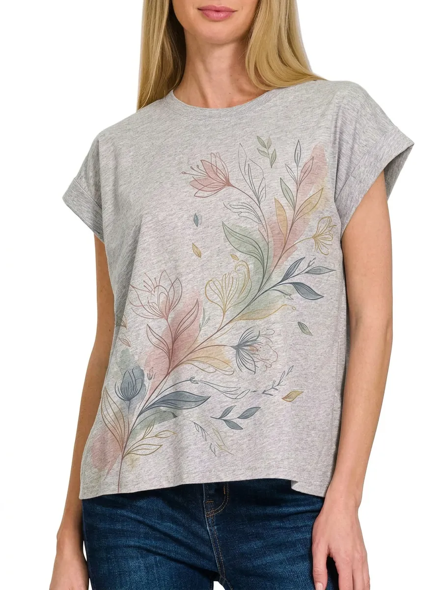 Women's Botanical Floral Art Watercolor Printed T-shirt