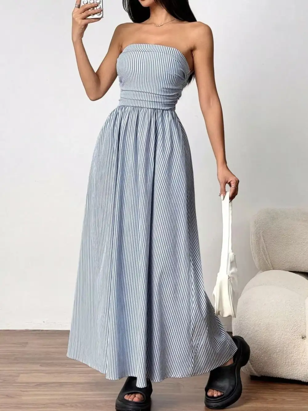Striped Strapless Casual Maxi Dress