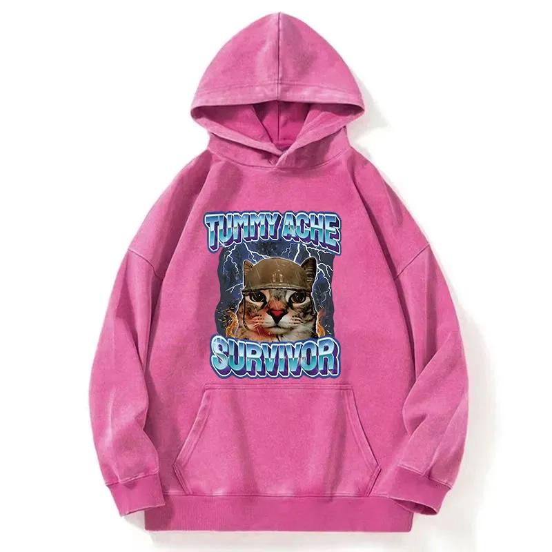 Tummy Ache Survivor Cat Meme Washed Hoodie