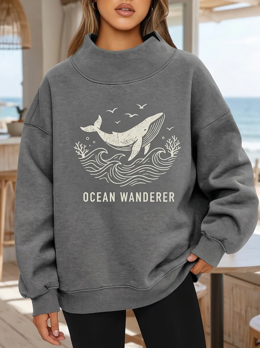 Women's Ocean Wanderer Whale Waves Printed Sweatshirt