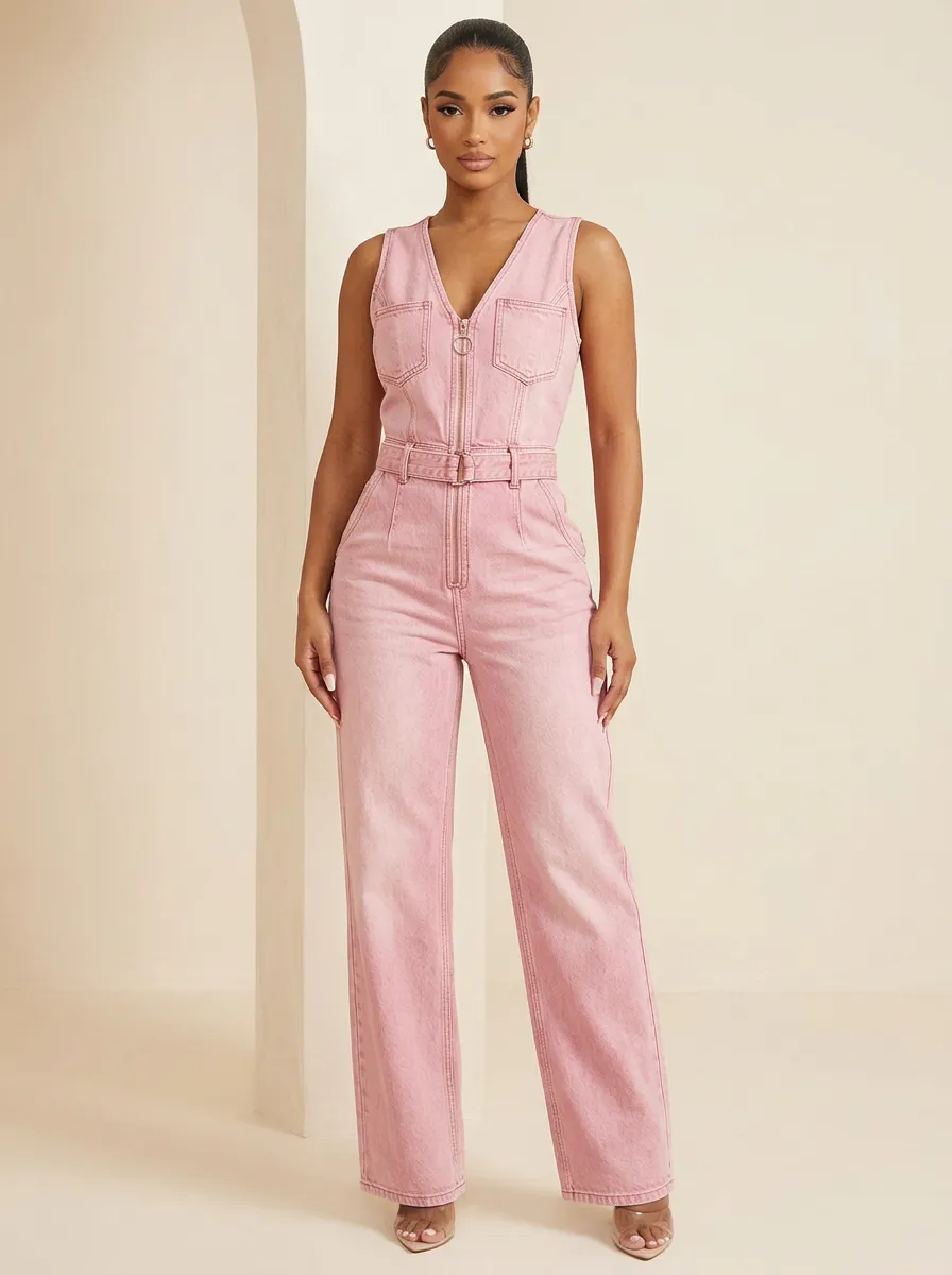 Pink Elevated Sleeveless Zip-Front Denim Jumpsuit