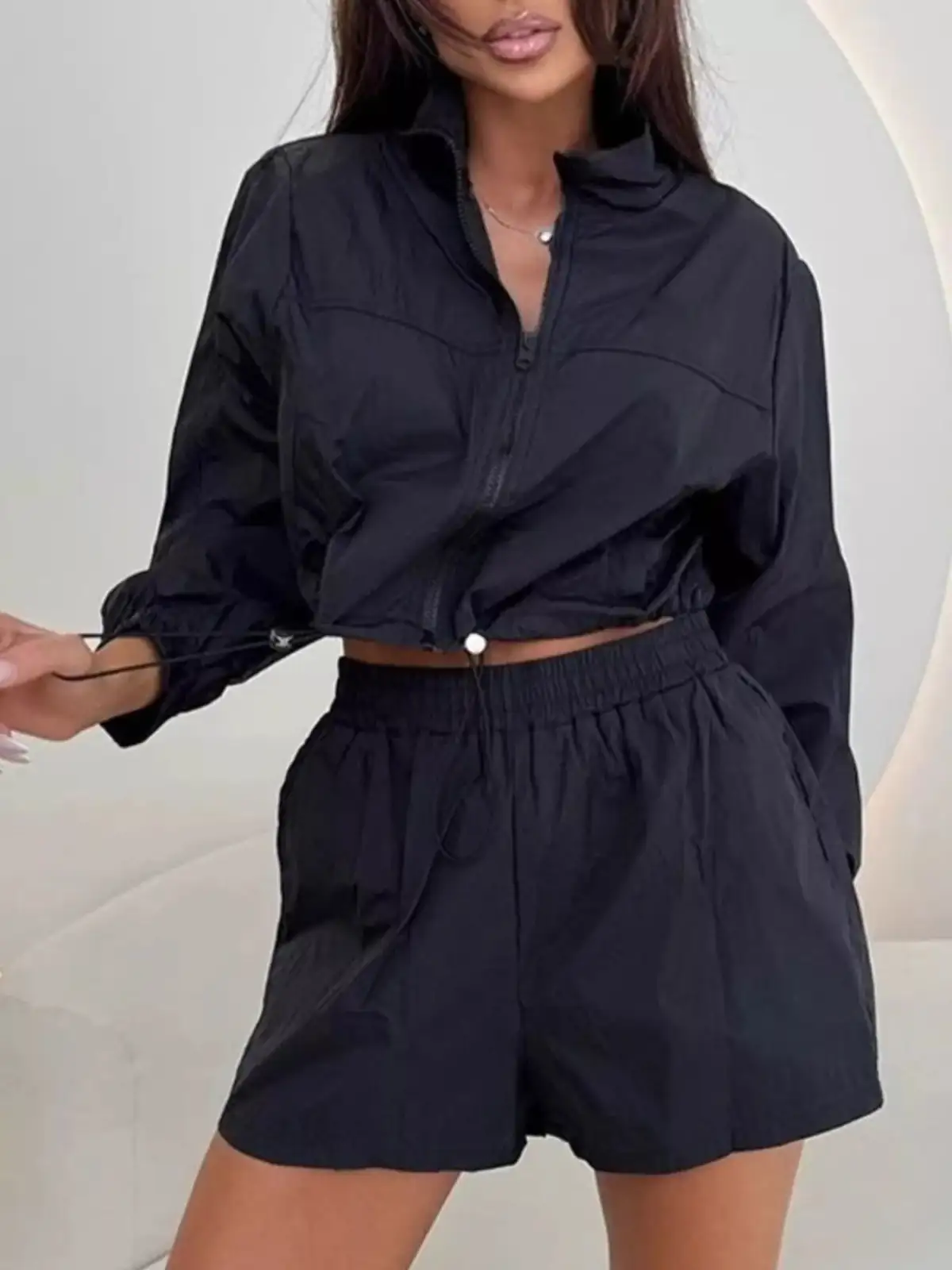 Relaxed Drawstring Zip-Detail Pocketed Top and Shorts Matching Set