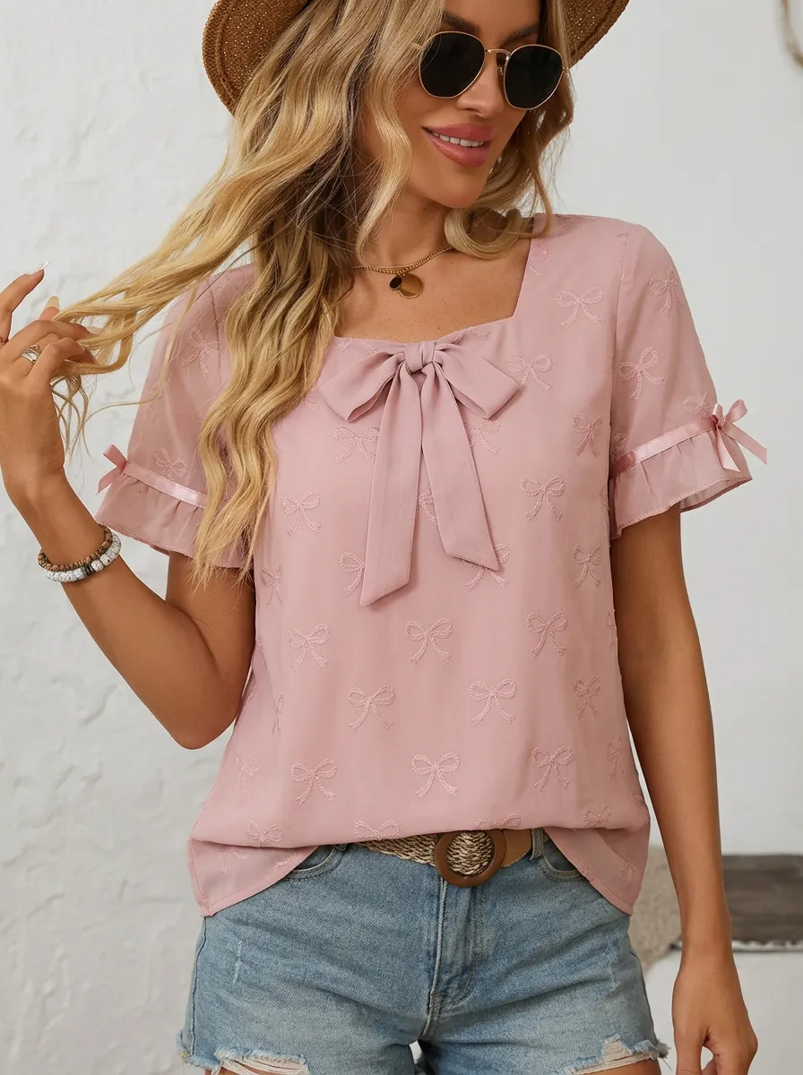 Women's Square Neck Bow-detail Bow Embroidered Blouse