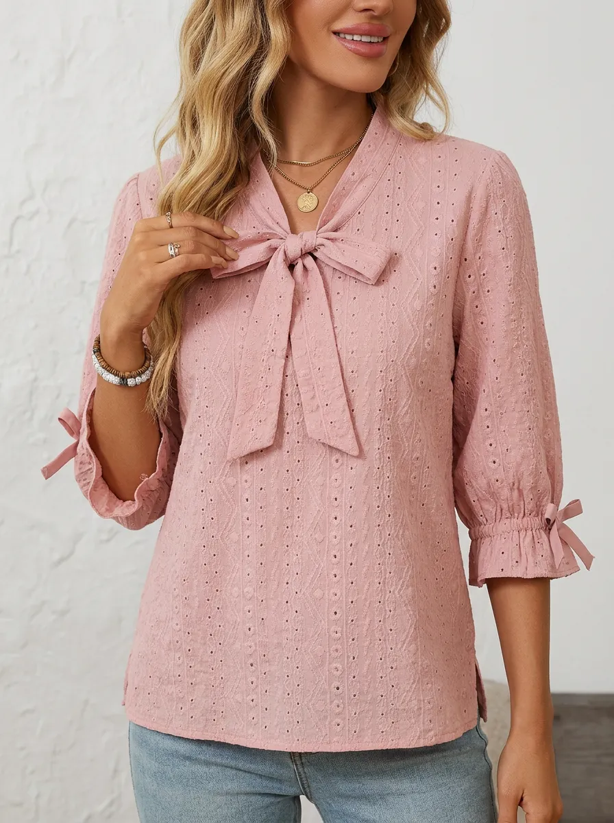 Women's Pink Bow Tie Eyelet Embroidered Blouse Top