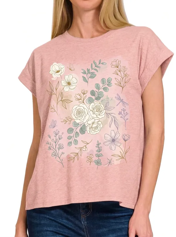 Women's Botanical Floral Butterfly Printed T-shirt