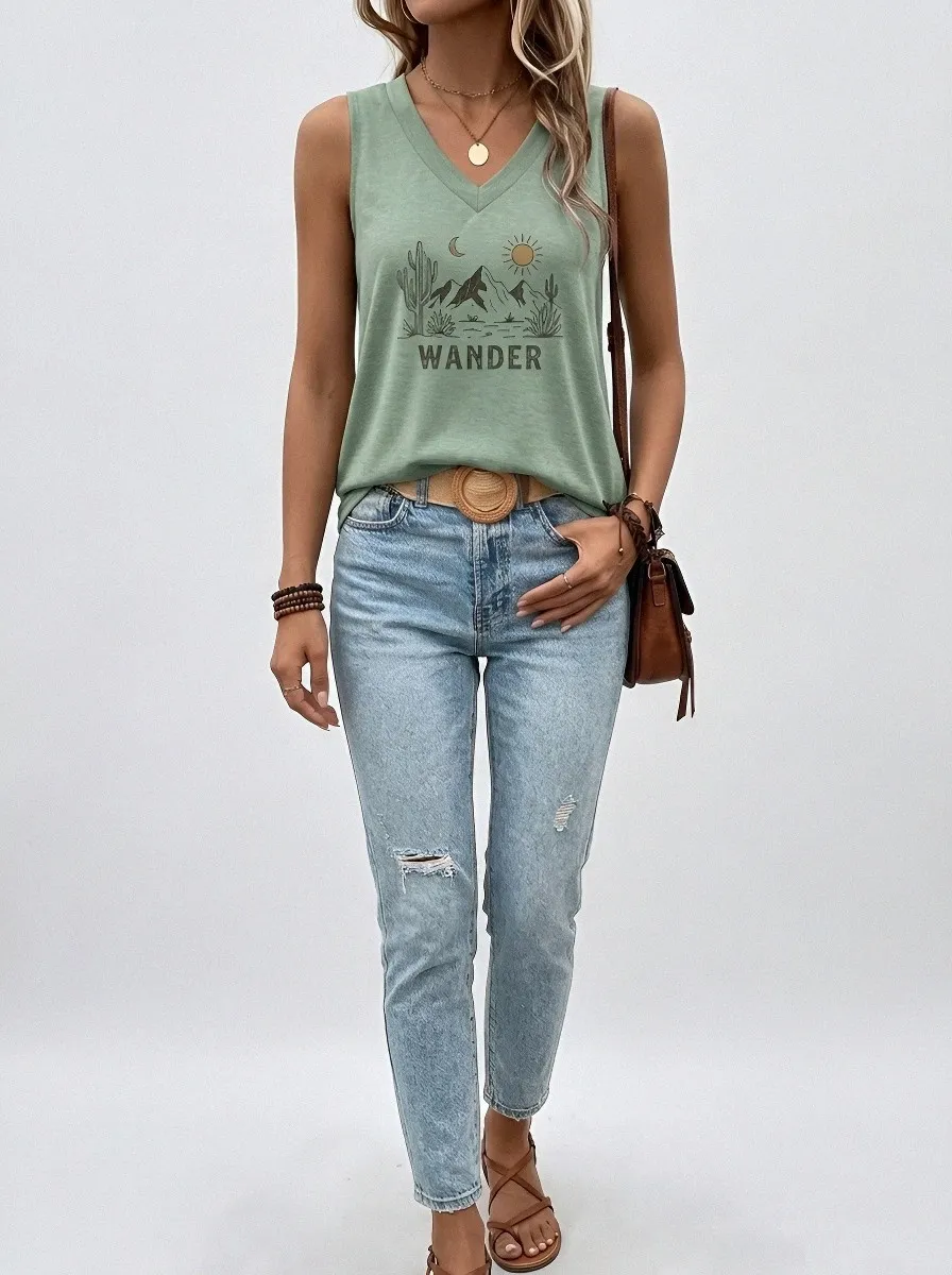Women's Desert Mountain Cactus Printed V-Neck Tank Top