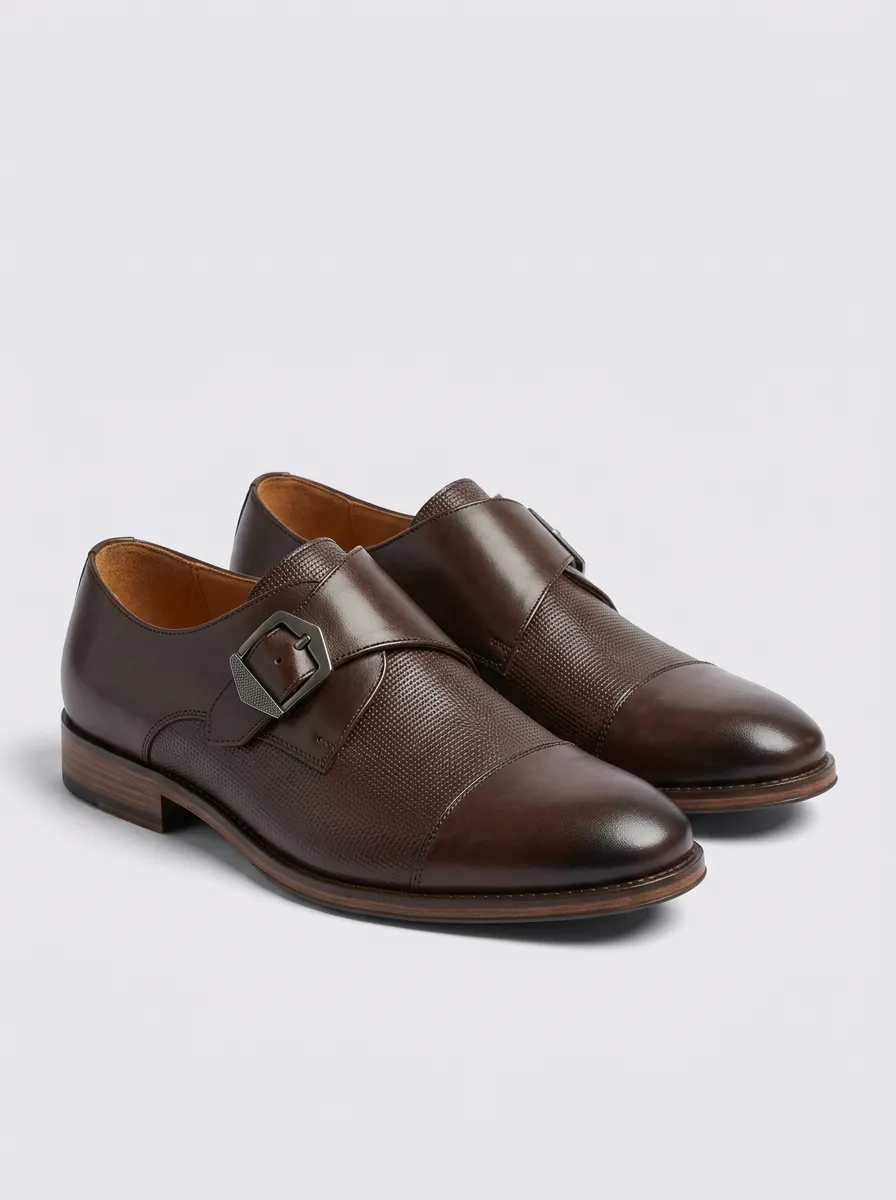 Men's Textured Leather Monk Strap Print Shoes