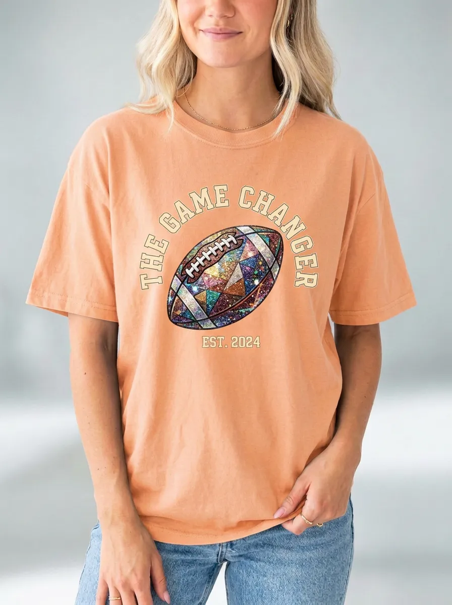 Women's Energetic Football Ball Sparkle Crew Neck Graphic T-Shirt