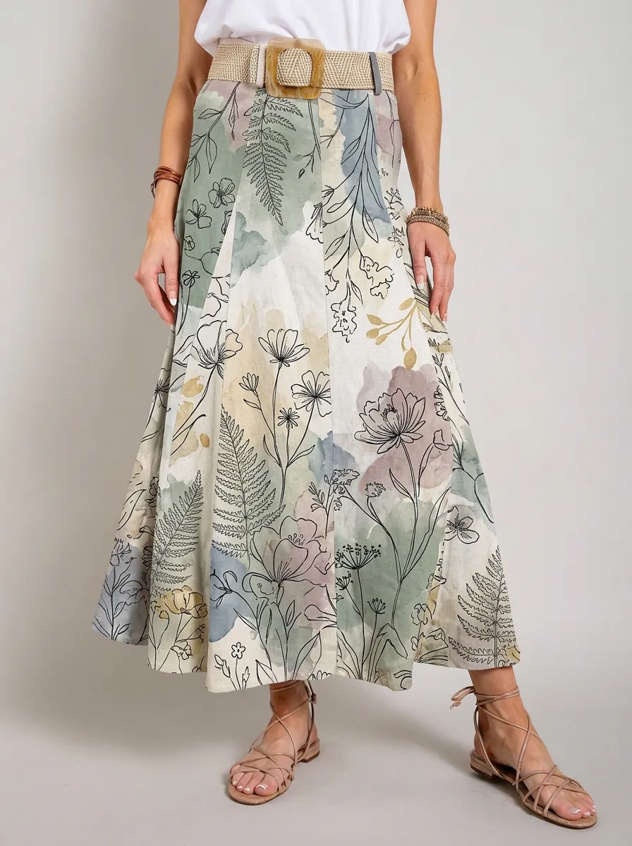 Women's Botanical Garden Floral Watercolor Printed Maxi Skirt