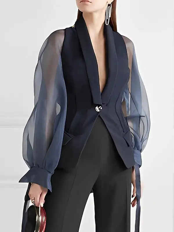 Relaxed Puff Sleeve See Through Split Lapel Blazer