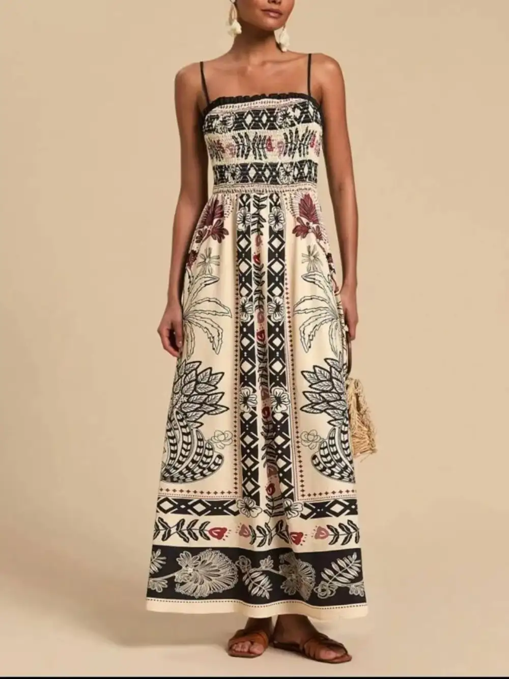 Smocked Spaghetti-Strap Printed Maxi Dress