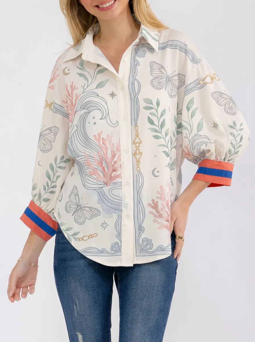 Women's Butterfly Coral Reef Botanical Printed Button-up Shirt