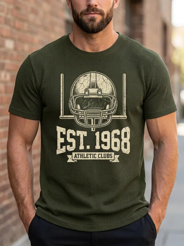 Men's Sport Inspired Helmet Football Ball Crew Neck Graphic T-Shirt