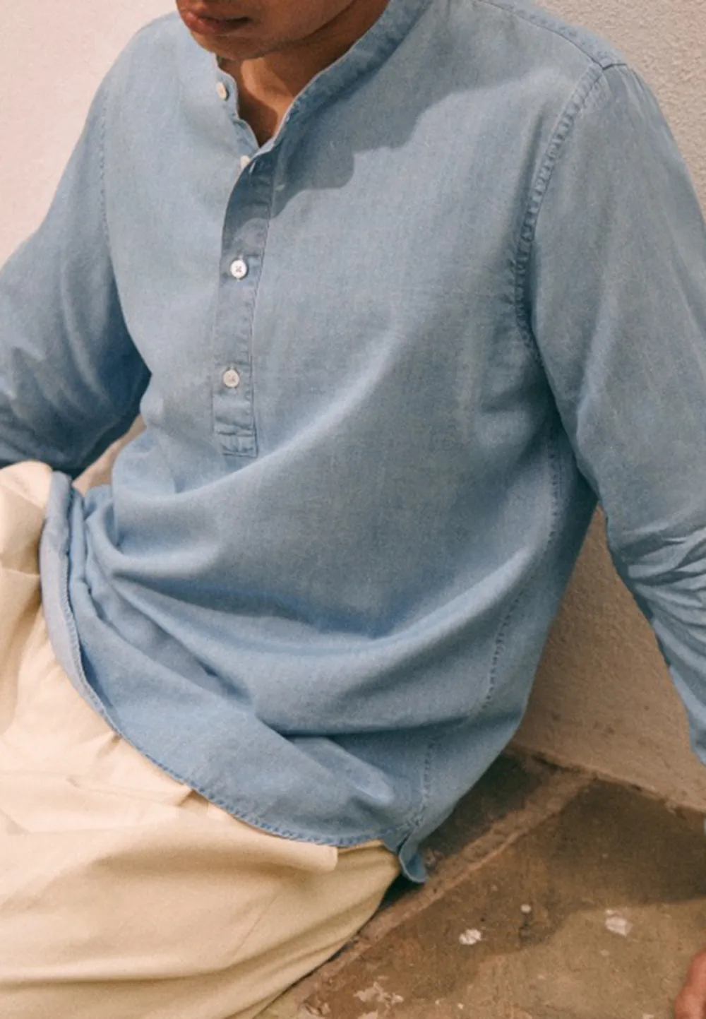 Light Blue Denim-Look Henley Style Long Sleeve Shirt