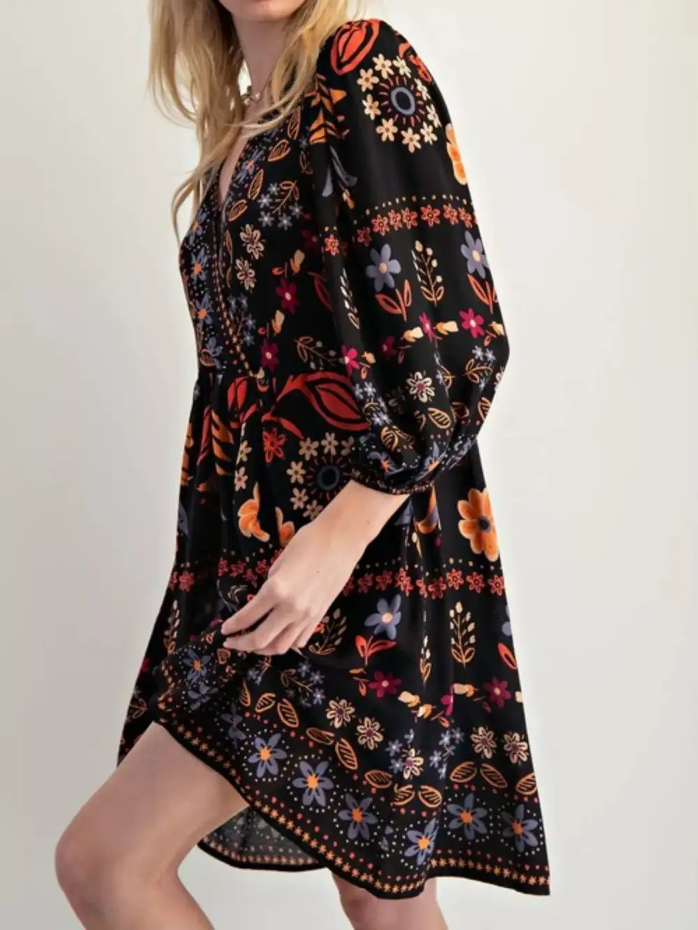 Structured Shape Floral Printed Long Sleeve Mini Dress