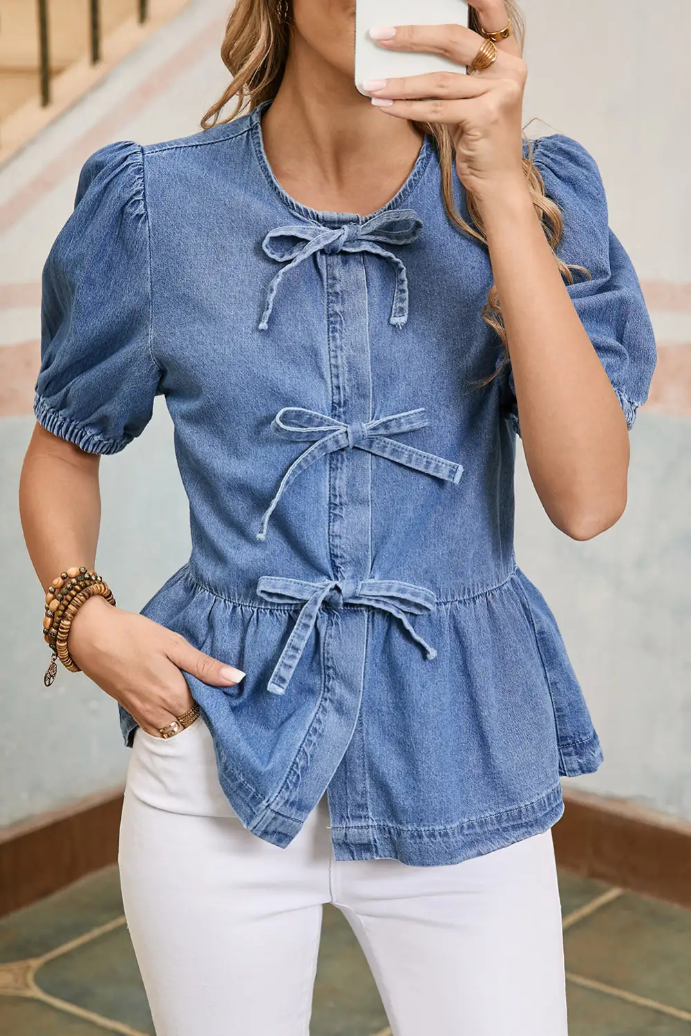 Ruffled Bow Detail Peplum Shirt Blouse