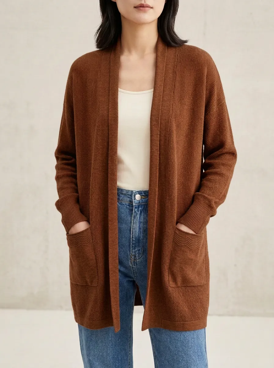 Relaxed Waffle-Knit Open-Front Knit Cardigan