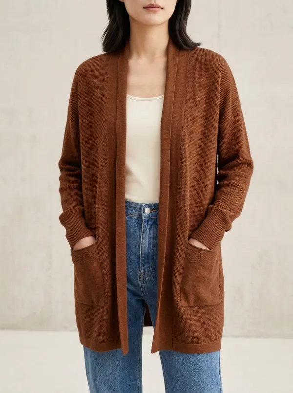 Relaxed Waffle-Knit Open-Front Knit Cardigan