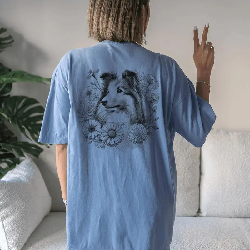 Floral Shetland Sheepdog Dog Sheltie Flower For Women Women's Oversized Comfort T-Shirt Back Print