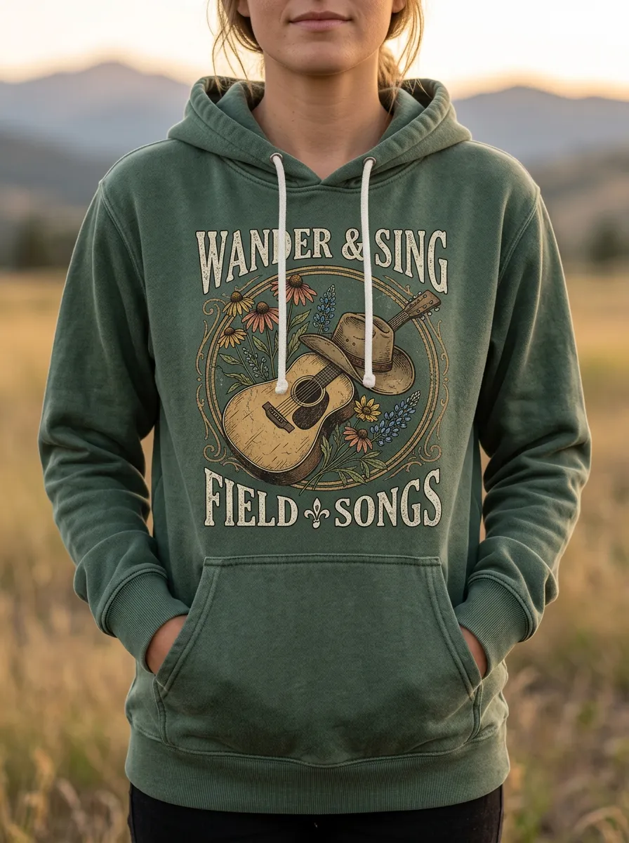 Guitar Cowboy-Hat Floral Country Music Graphic Hoodie