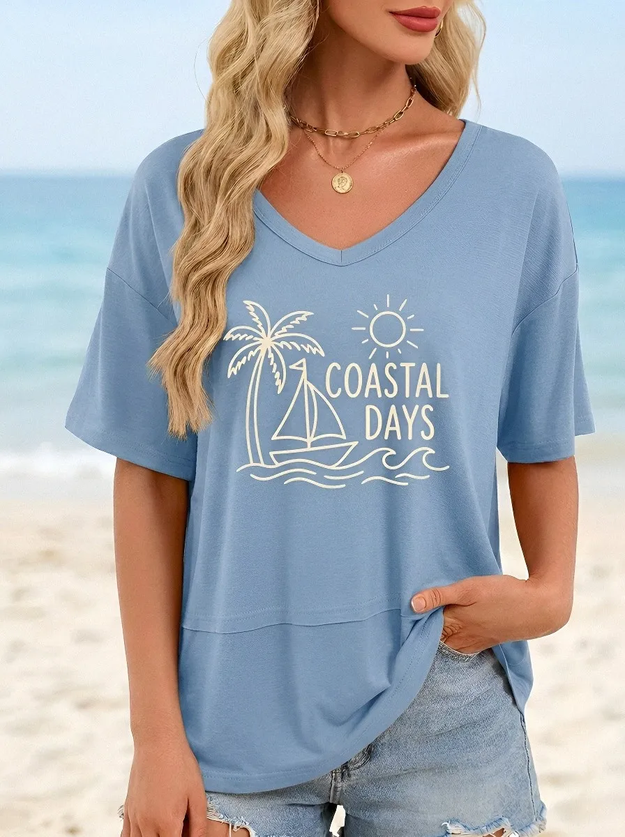 Women's Coastal Days Palm Tree Sailboat Printed V-Neck T-Shirt