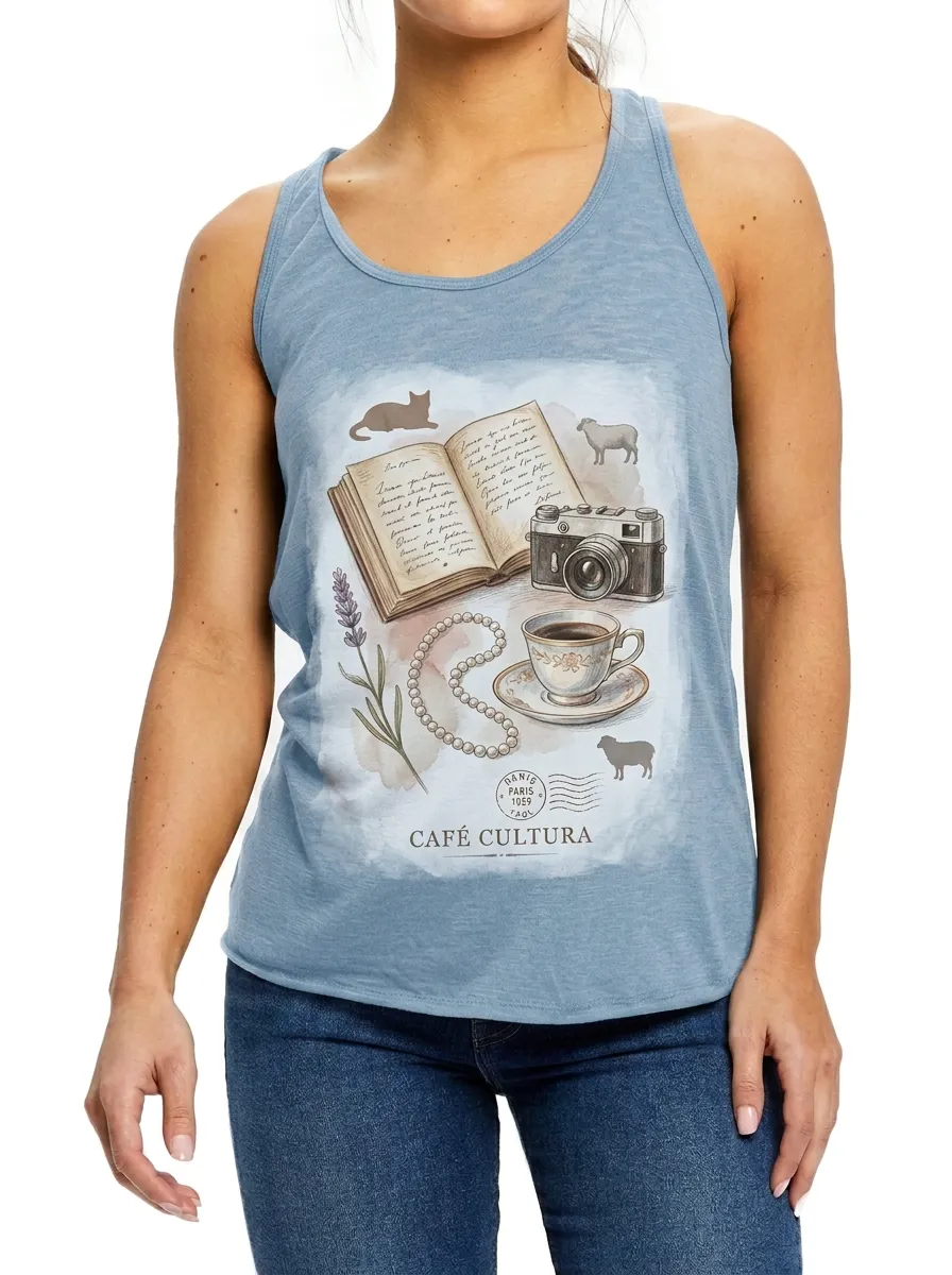 Women's Cafe Cultura Book Camera Coffee Printed Tank Top