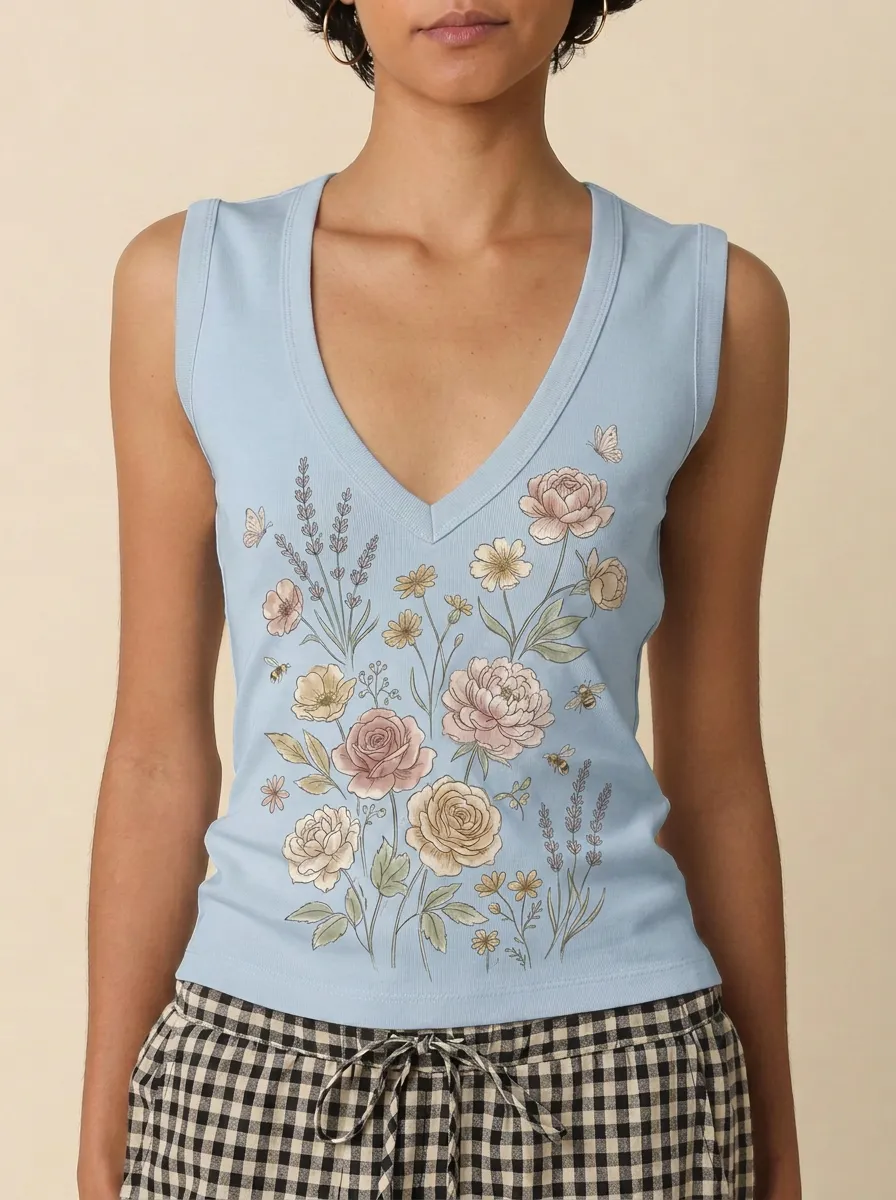 Women's Botanical Garden Floral Butterfly Printed V-neck Tank Top