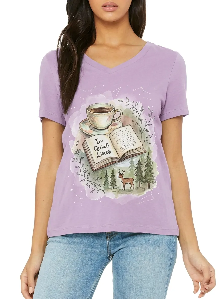 Women's Book Coffee Deer Forest Printed V-Neck T-Shirt