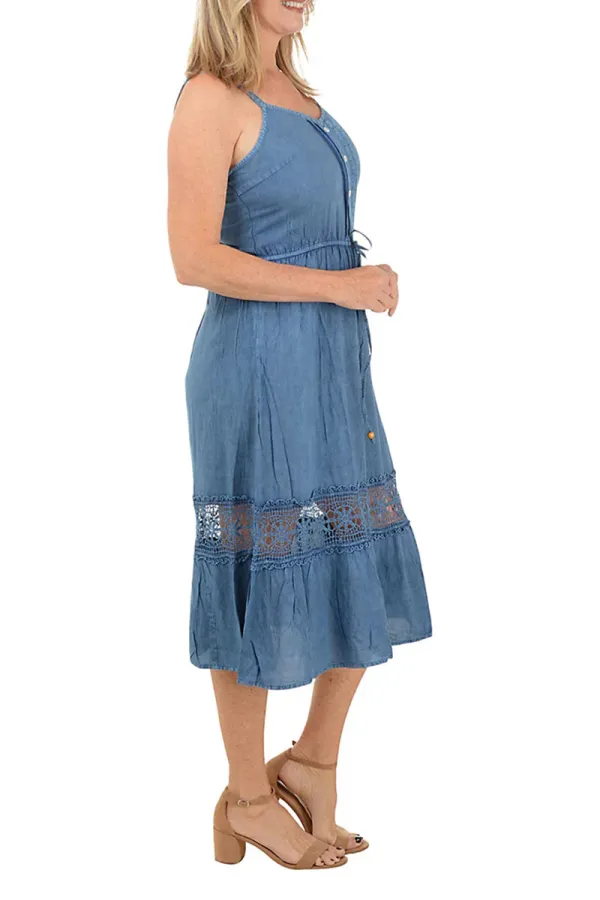 Lacy Denim Tie-Waist Sleeveless Dress
