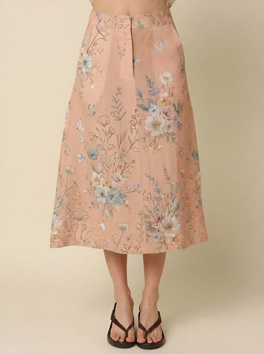Women's A-Line Floral Butterfly Botanical Printed Midi Skirt