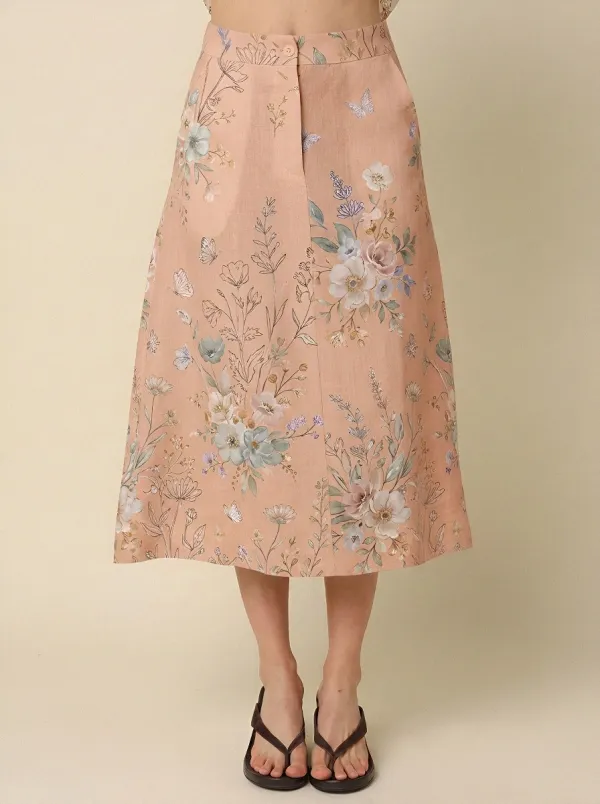 Women's A-Line Floral Butterfly Botanical Printed Midi Skirt