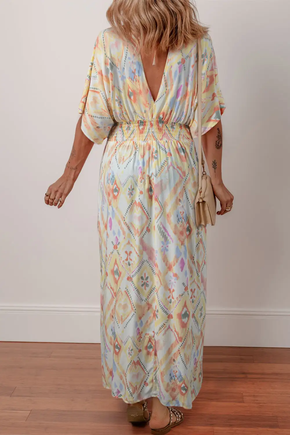 Multicolour Geometric Print Half Sleeve Shirred High Waist Maxi