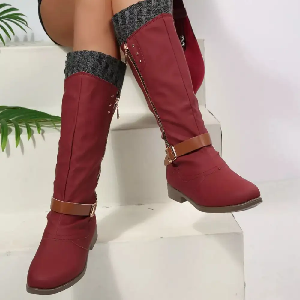 Ruffled Round Toe Block Heels Boots