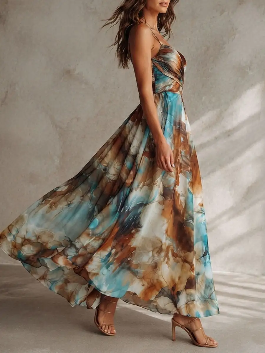 Boho Watercolor Print Chiffon Spaghetti Strap Maxi Dress