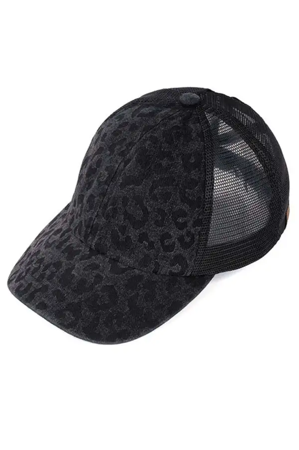 Leopard Pattern Criss Cross Ponytail Baseball Cap