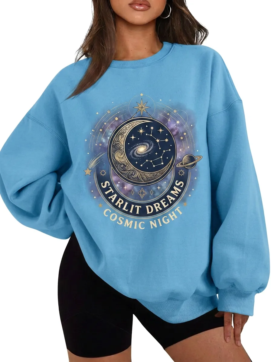 Women's Starlit Dreams Celestial Moon Galaxy Printed T-shirt