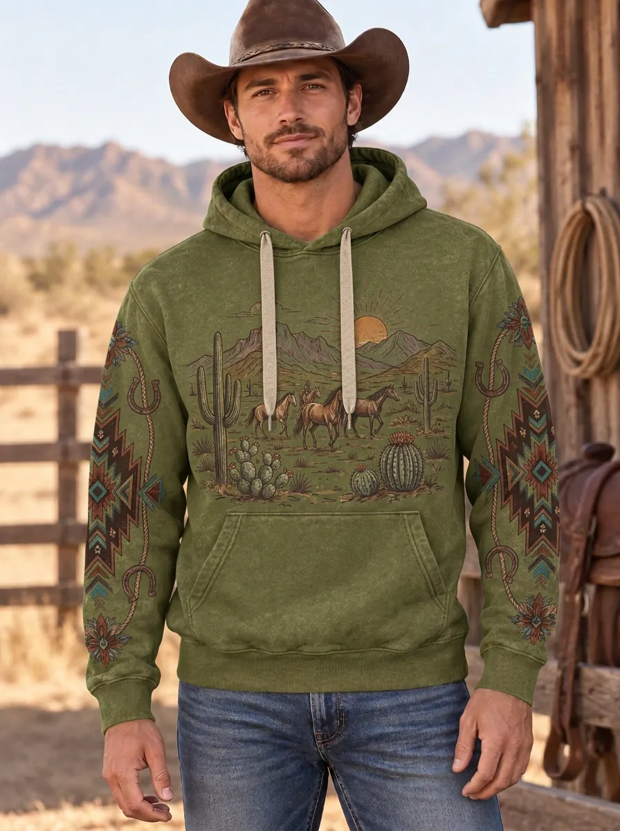 Men's Western Horse Cactus Desert Graphic Hoodie