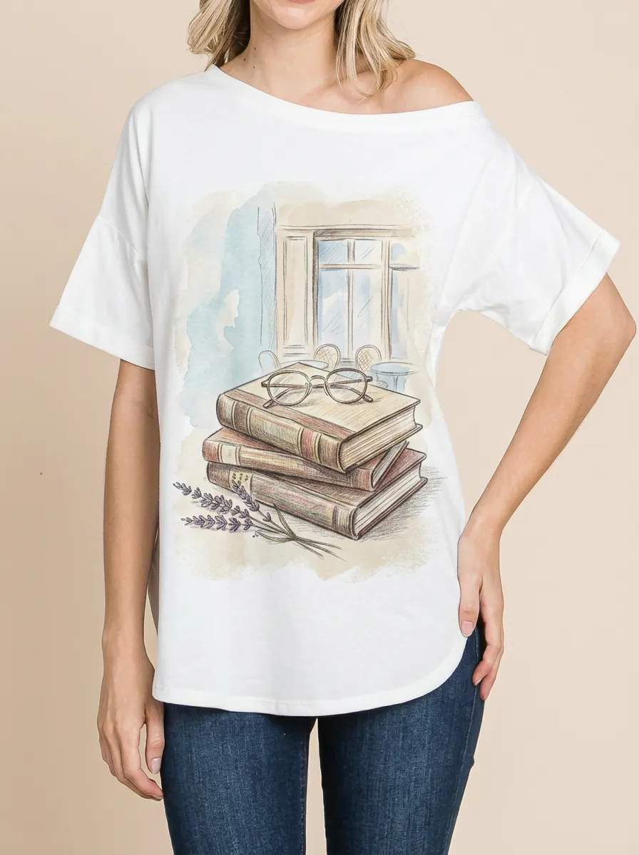 Women's Book Lover Vintage Library Glasses Lavender Printed T-shirt