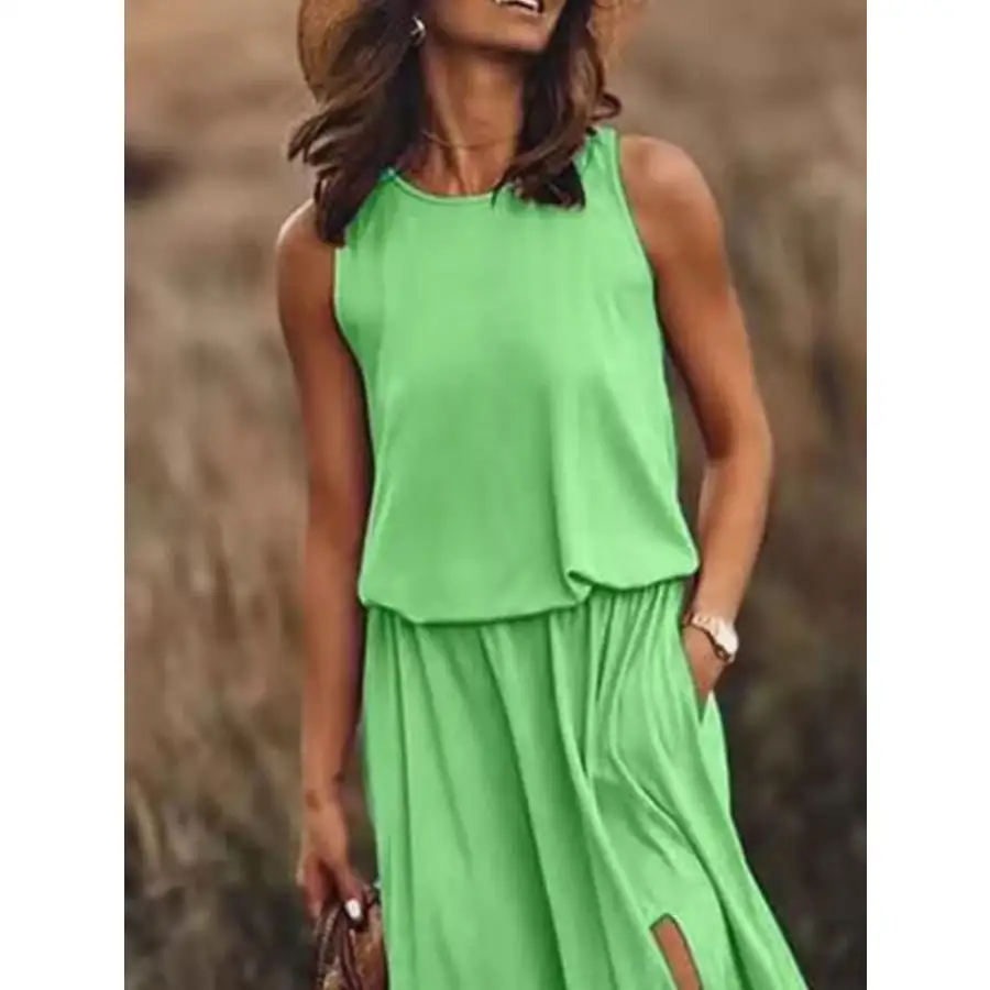Full Size Round Neck Sleeveless Slit Maxi Dress Plus Size