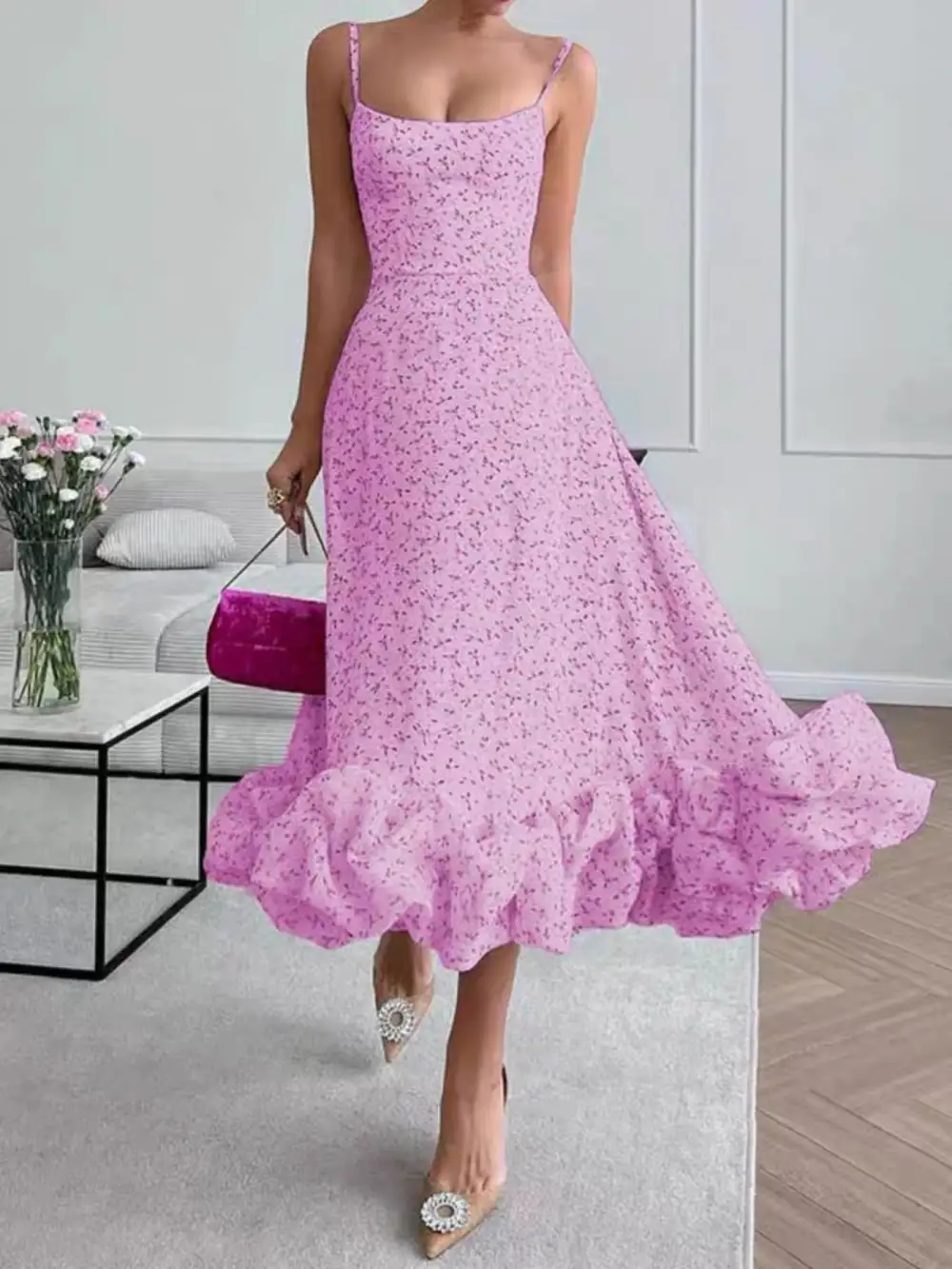 Ruffle Hem Spaghetti Strap Midi Dress