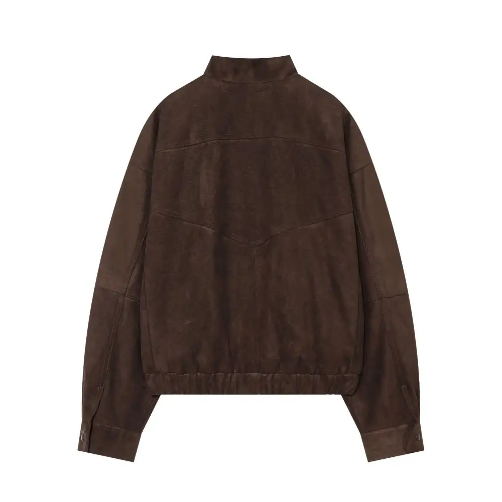 Relaxed Suede Look Stand Collar Zip Front Bomber Jacket
