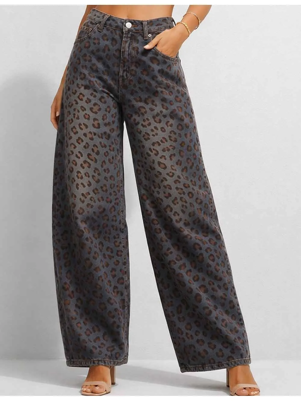 Jacquard Button Waist Barrel Leg Denim Pants