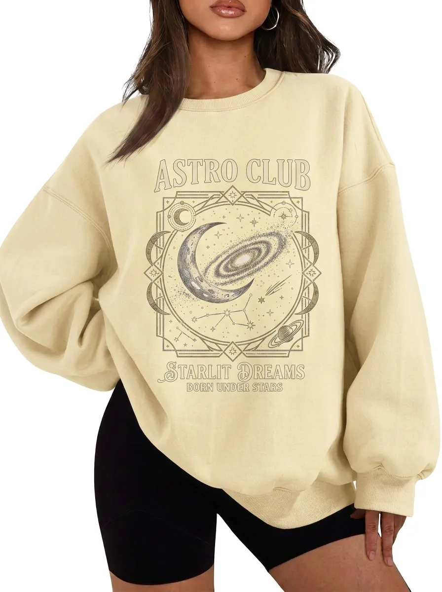 Women's Astro Club Galaxy Moon Starlit Dreams Printed T-shirt