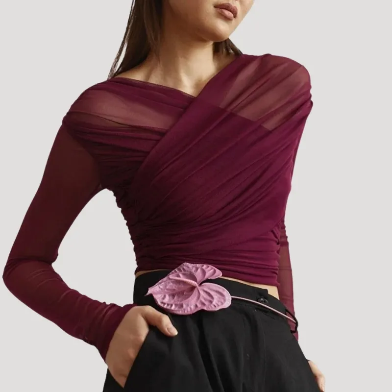 Spring Sheer Wrap Long-Sleeve Top
