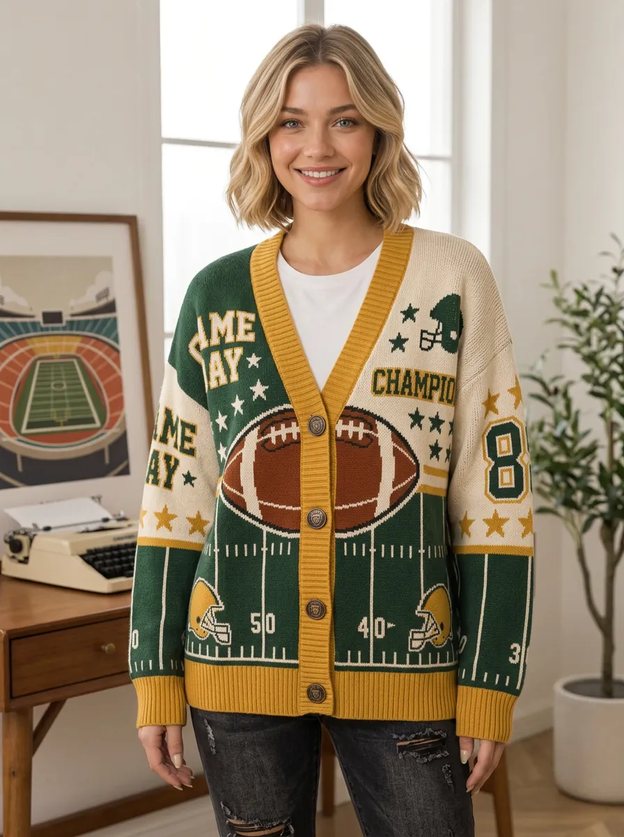 Women's Football Fan Game Day Champion Pattern Knitted Cardigan