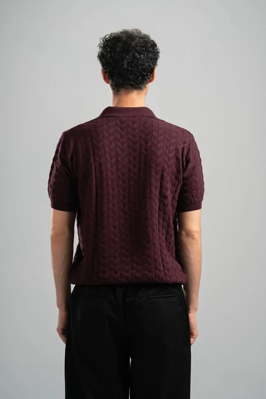 Burgundy Textured Knit Polo Shirt